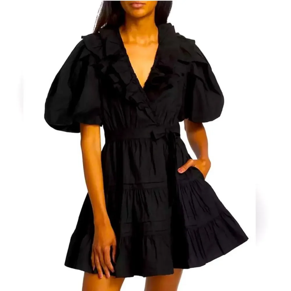 House of Harlow 1960 Ruffled cotton wrap mini dress black size S - Picture 1 of 11